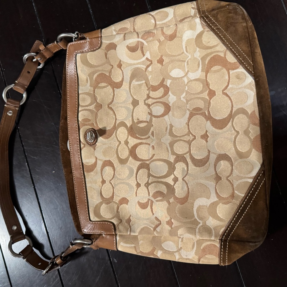 Coach Tan and Brown Monogram Shoulder Bag with Leather Trim